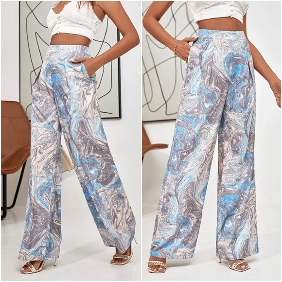 Boho Marble Print Wide leg Palazzo Pocket Pants - Picture 2 of 2
